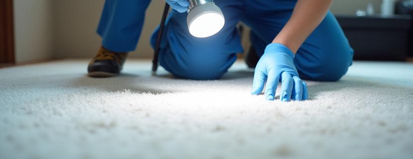 Professional cleaner inspecting carpet details